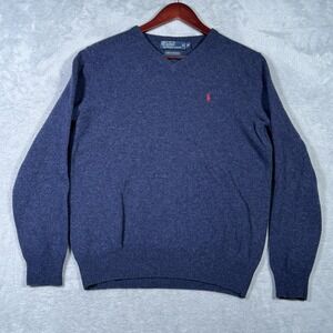 Polo Ralph Lauren Sweater Mens Medium Blue‎ Lambswool V Neck Pullover Pony Logo